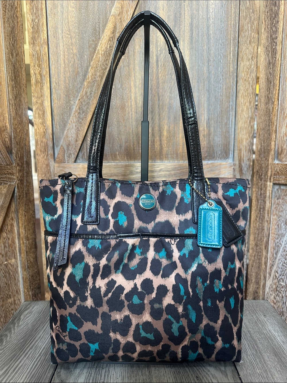 Coach F25282 Ocelot Animal Print Tote Shoulder Bag in Teal & Black 2 Tags